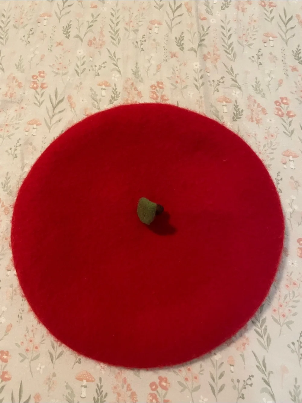 Red Wool Beret with Green Stem Accent - Classic Women's Accessory
